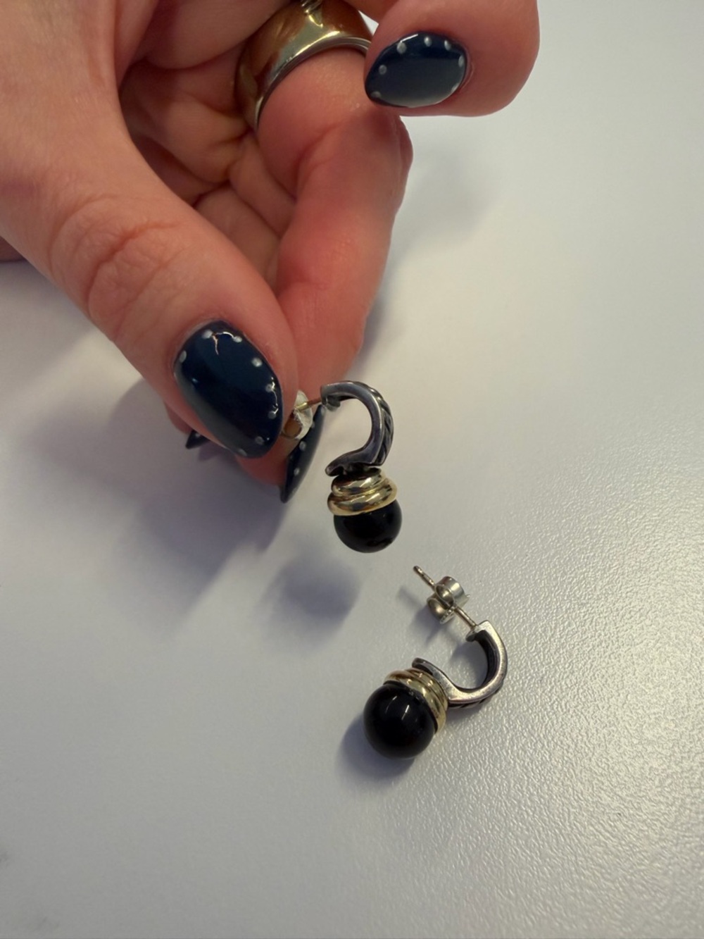 David Yurman Black Onyx Drop Hoop Earrings with Gold Accents